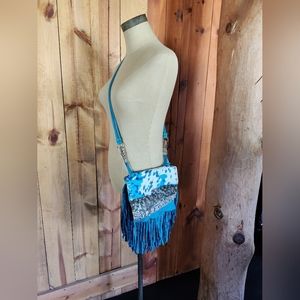 Western Turquoise fringe crossbody purse hand tooled leather